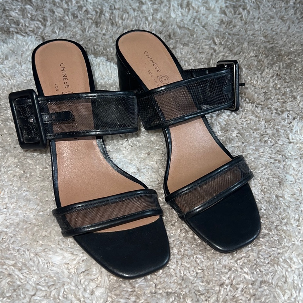 Black Mesh Block Heels